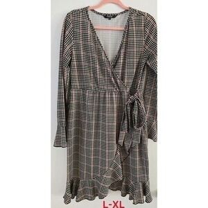 Plaid Wrap Dress Womens L XL Long Sleeve Ruffle Hem Casual Fall